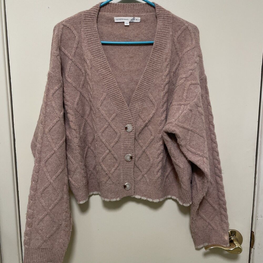 Altar’d State Rose Pink Detailed Button Up Cardigan Size M Wool Blend